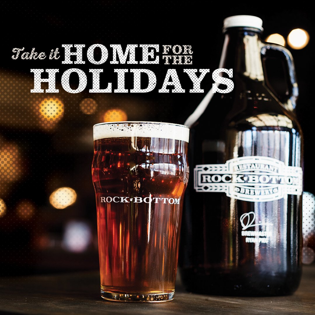 Take it home for the Holidays! 2 for $20 Growlers for a limited time! #tanktotable #tanktoanywhere #growlers #craftbeer #drinklocal #rockbottom #rockbottombrewery #happyholidays