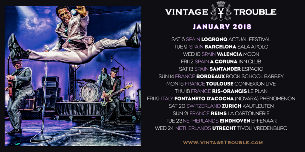 vintagetrouble's tweet photo. Just ONE MONTH until we start our 2018 tour across #Europe, starting with @ActualFestival in #logroño #Spain. Can't wait for back-to-back nights of doing what we love to do. Hope to see you along the way. Tix: https://t.co/MgGz35BlYK https://t.co/F44TOdJUoI