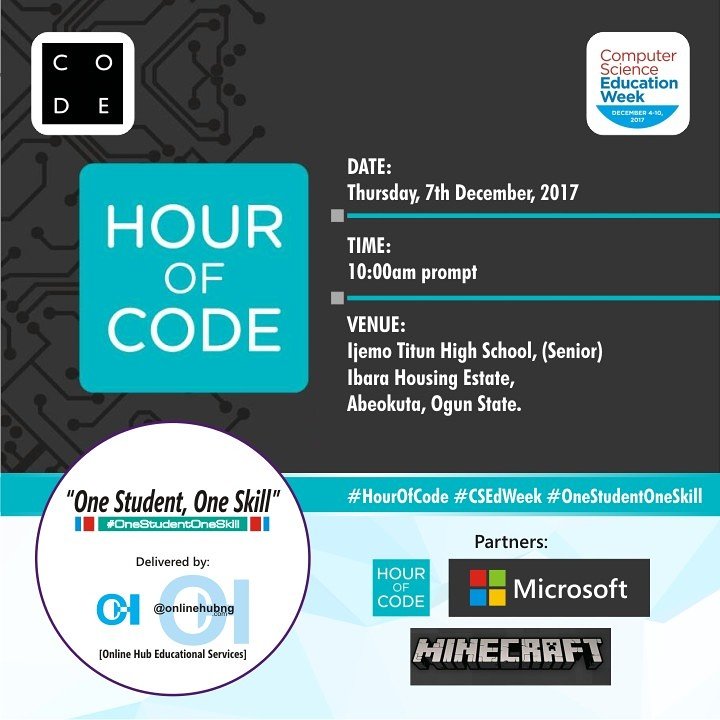 onlinehubng's tweet photo. 2017 #Computer #Science #Education #Week: #Microsoft #Nigeria supports @OnlineHubNG in #Abeokuta to train over 1,000 students on #coding https://t.co/2tSXs1d7NV #FutureReady #HourofCode #HourOfCode2017 #HoC2017 #CSEdWeek #CSEducationWeek #AfricaCodeWeek #OneStudentOneSkill https://t.co/yzhoMKd1mH