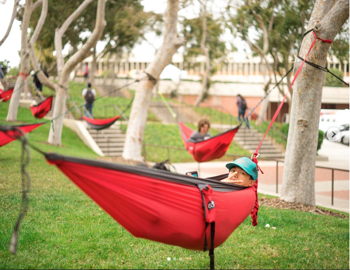 CSULBJPR's tweet photo. Got pre-final blues?? Health is not all physical, it’s also mental! So come escape, kick back, relax & take a break from studying to revitalize your mind on these outdoor hammocks during #ProjectChill. Today from 11- 2 at The Friendship Walk. Provided by @csulbasi & @csulbsrwc. https://t.co/T8hk3M8Q1I