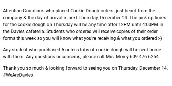 WilliamDaviesMS's tweet photo. Attention Guardians who placed Cookie Dough orders- just heard from the company &amp; the day of arrival is next.. https://t.co/y1Af8C0GEj