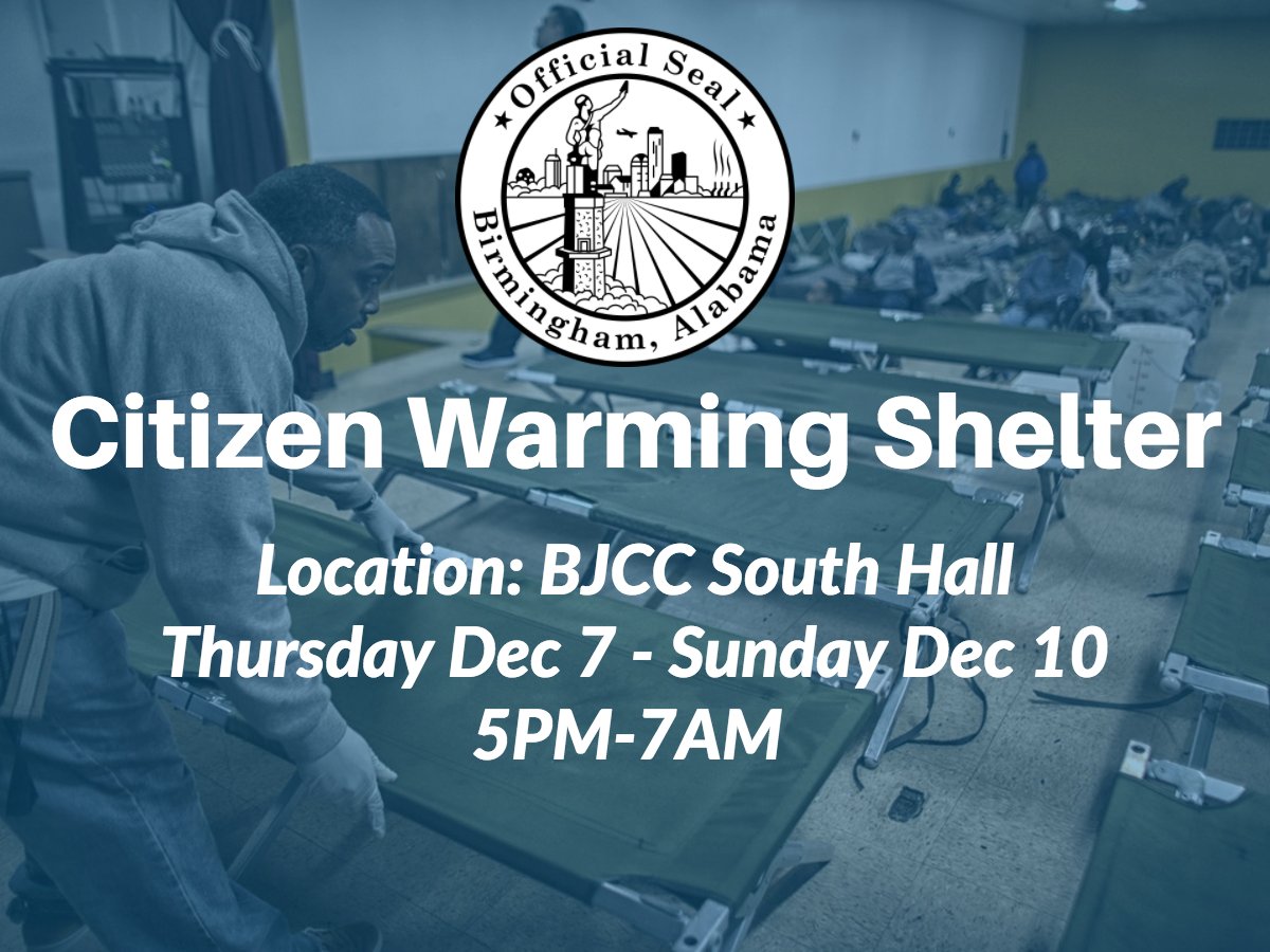 randallwoodfin's tweet photo. The City of Birmingham will open a WARMING STATION on Thursday, December 7, 2017 at 5:00 p.m. for anyone that needs to come in from the cold.
 
We are in need of volunteers to assist us as we serve those in need. Please sign up by clicking the link below
 
https://t.co/TKkNFKwJwb https://t.co/Uttlie0xLl