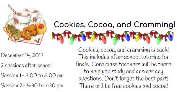 SeckmanStuco's tweet image. Plan ahead for your finals! Come to Cookies, Cocoa, and Cramming on Thurs. 12/14.  Get help from teachers, work with your friends and peers! #manypawsonepride