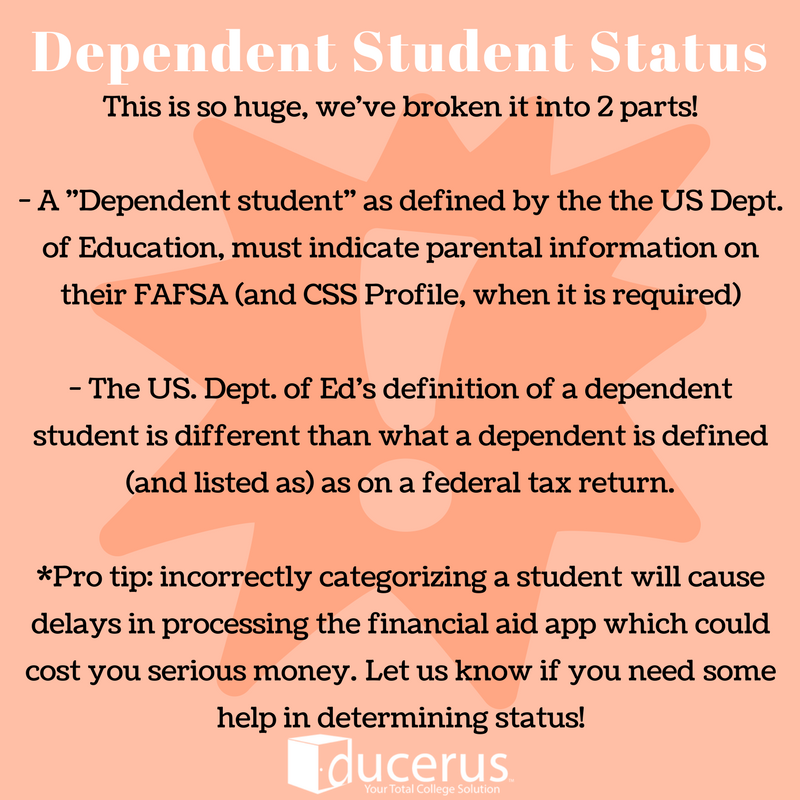 DucerusCarlsbad's tweet photo. Another #FinancialAid tip coming your way! Reporting accurate dependency status is an important factor in family financial aid eligibility. Here is some info on what exactly that means (and the difference for a "dependent" on a tax return!) #AskDucerus #WisdomWednesday https://t.co/r4gphnRUWK