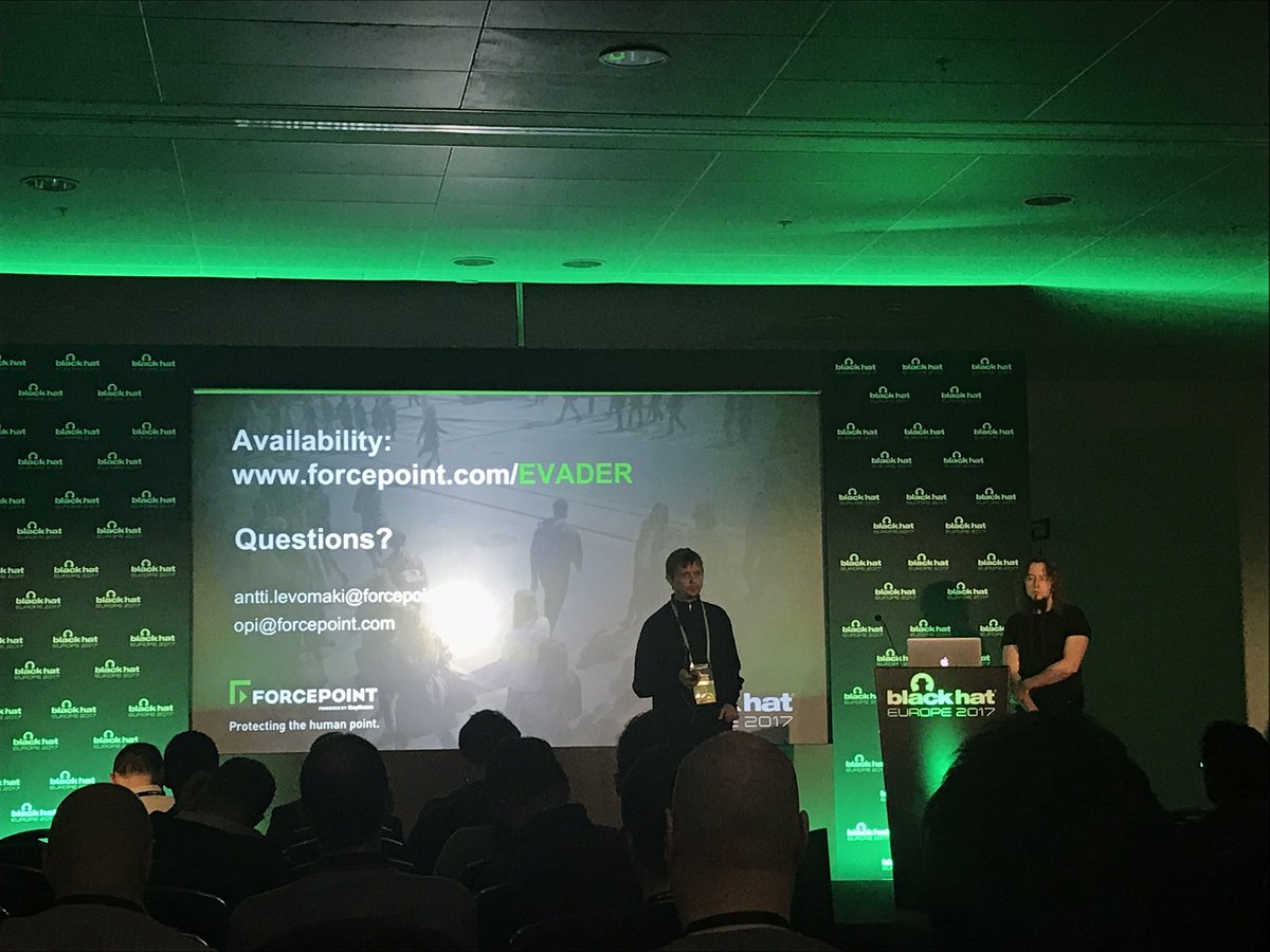 niCRO's tweet image. I'm lucky to have great people on my team ! @0pi &amp;amp; Antti presenting @Forcepointsec EVADER at #BHEU &amp;amp; @rfordonsecurity profiled by helpnetsecurity.com/2017/11/30/ric…