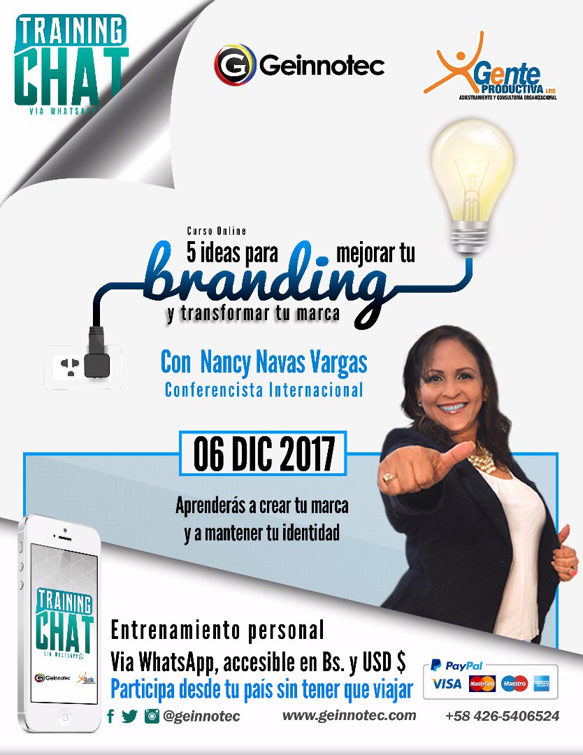 CursosExpodato's tweet photo. CURSO #OnLine 5 IDEAS PARA MEJORAR TU BRANDING Y TRANSFORMAR TU MARCA con @NancyNavasVarga https://t.co/V60JJUsmjS @Geinnotec #TrainingChat https://t.co/XpN8KtM3TB