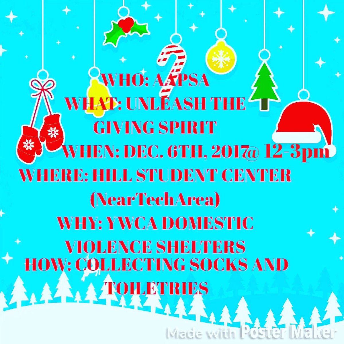 This is happening now until 3pm Unleash the Giving  Spirit!!!The African-American Psychology Student Association is collecting socks and toiletries to benefit the residents of the YWCA Domestic Violence Women and Children shelters. Please come, donate, and share with others! #UAB