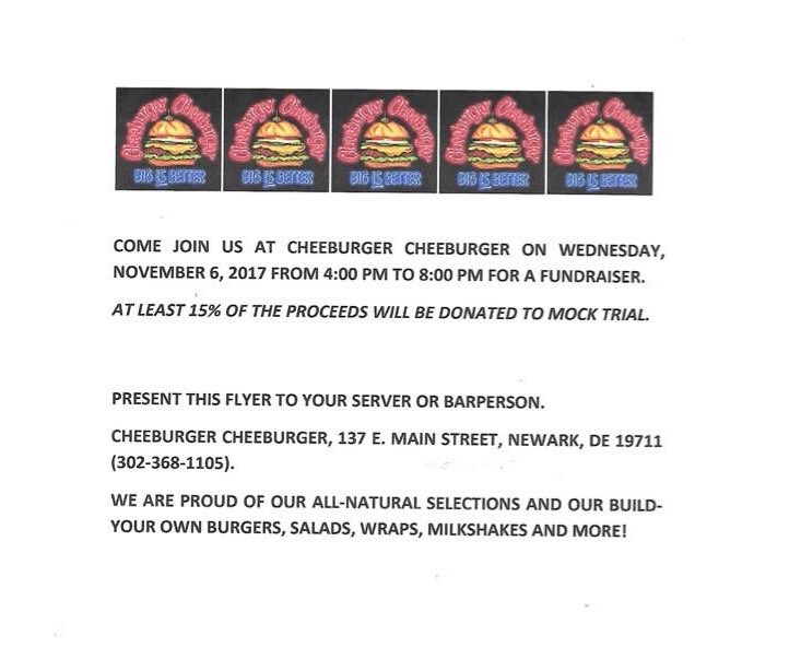 Cheeburger fundraiser today!!! Please come out and support your favorite mock trial team. Just present the printed flyer at checkout