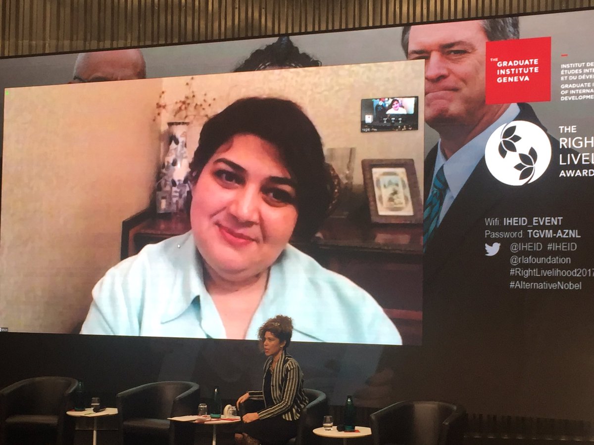 rightlivelihood's tweet photo. "Impunity for corruption kills people" says #RightLivelihood2017 @Khadija_Ismayil now joining us over Skype as a travel ban stops her from joining us in person. https://t.co/LgH4APqIXP https://t.co/G3C3dbszO5