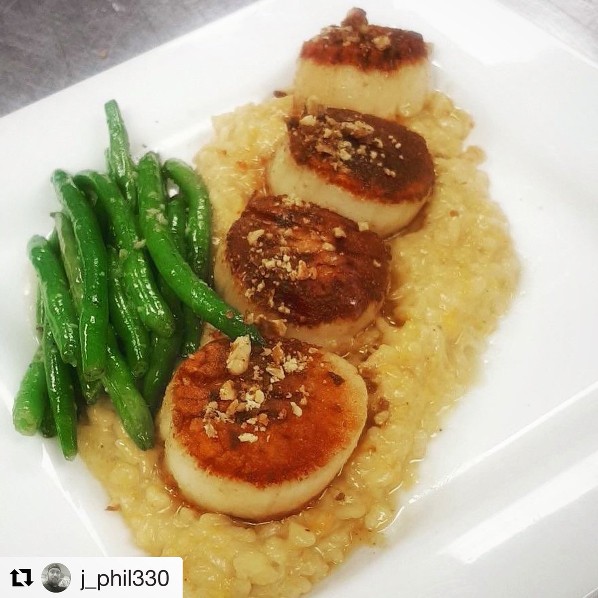 REPOST: @j_phil330 Pan Seared Sea Scallops topped with Sage Brown Butter &amp; Spiced Candied Walnuts served over Butternutt Squash &amp; Goat Cheese Risotto. ❤️❤️❤️