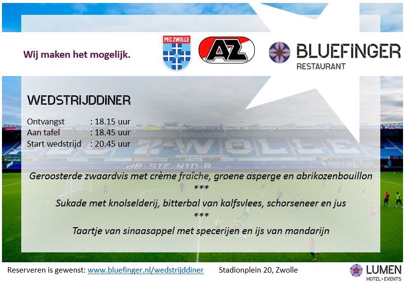 Rest_Bluefinger's tweet image. As dinsdag weer een heerlijk     wedstrijd menu voor de wedstrijd van @PECZwolle -AZ. Tot dan?
bluefinger.nl/priv%C3%A9-en-…