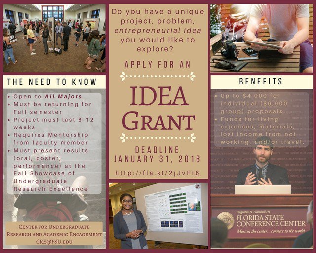 FSU_CRE's tweet image. Do you have a unique project, problem, entrepreneurial idea or creative project you would like to explore? Apply for an #IDEAGrant: crwd.fr/2j7jq6i