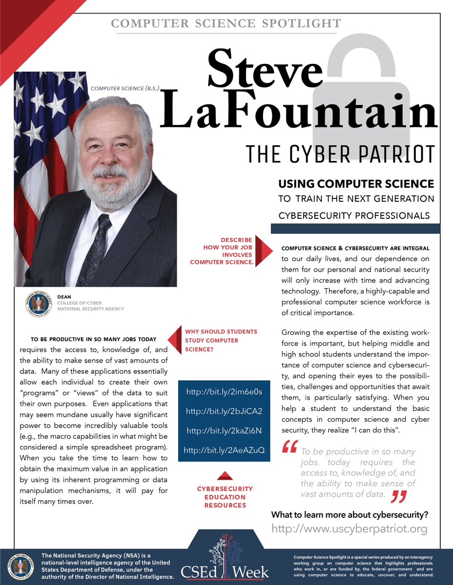 CSforAllTchrs's tweet photo. This #CSEdWeek, meet Steve LaFountain, the Cyber Patriot, who is using #CS to train the next generation of cybersecurity professionals. @NSF @NSAgov @CSforAll #CSforAll For more info on Steve and to see other #CSspotlights → https://t.co/hnHVmmkRZ5 https://t.co/5RoirSCcgE