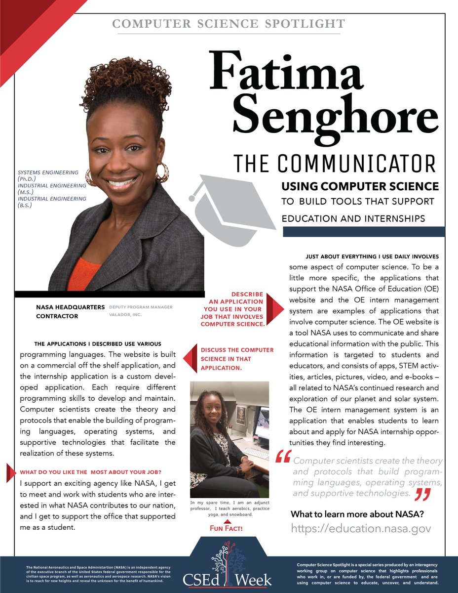 CSforAllTchrs's tweet photo. This #CSEdWeek, meet Fatima Senghore, the Communicator, who is using #CS build tools that support education and internships. @NSF @NASA @NASAedu @CSforAll #CSforAll For more info on Fatima and to see other #CSspotlights → https://t.co/hnHVmmkRZ5 https://t.co/KoMRY5tnFr