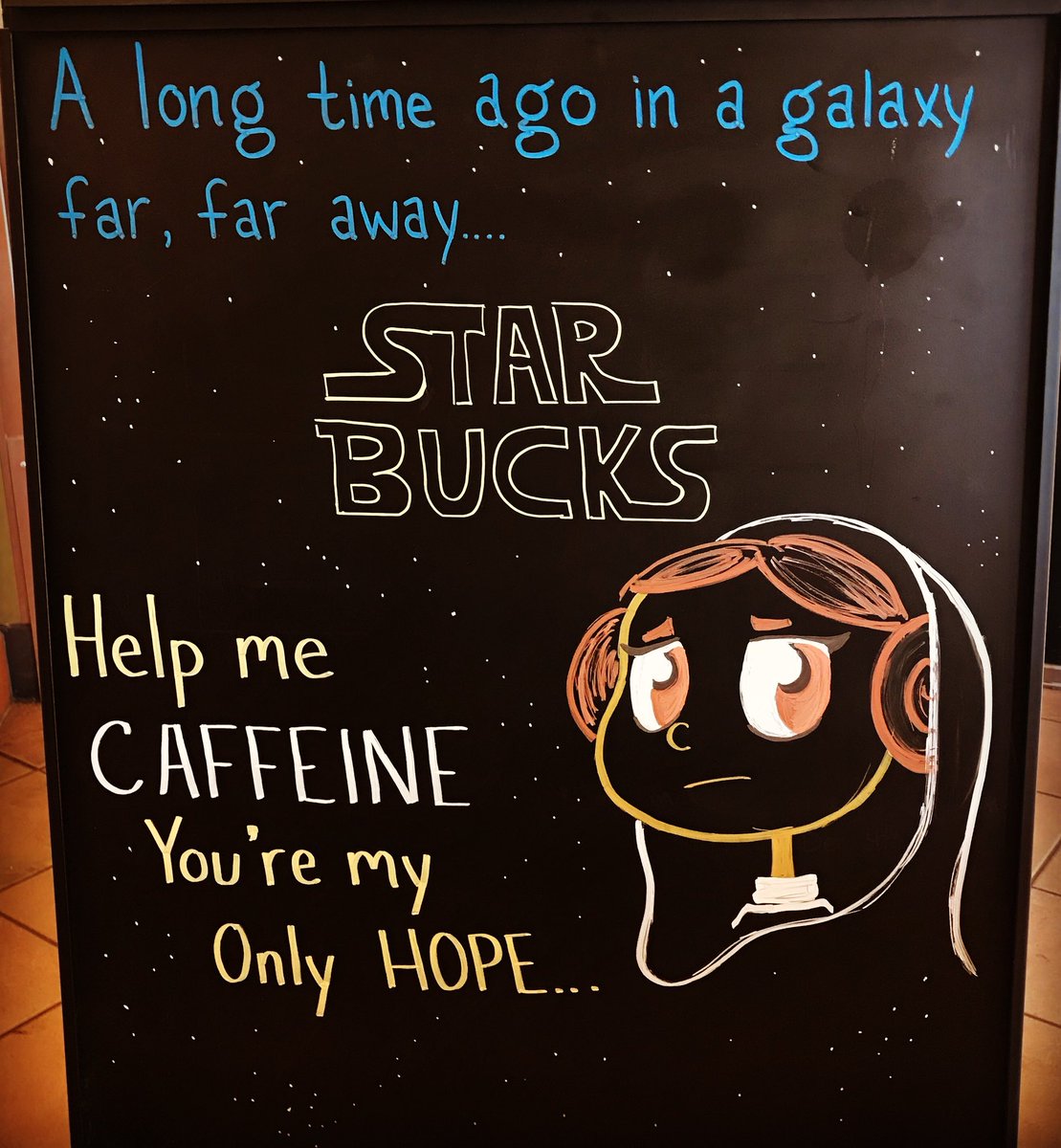 MaseyDawn's tweet photo. Getting into the Star Wars mood here at Starbucks. #ILoveMyJob #GettingPaidToDraw #starbucks #starwars #chalkart https://t.co/QAT23V36Ij