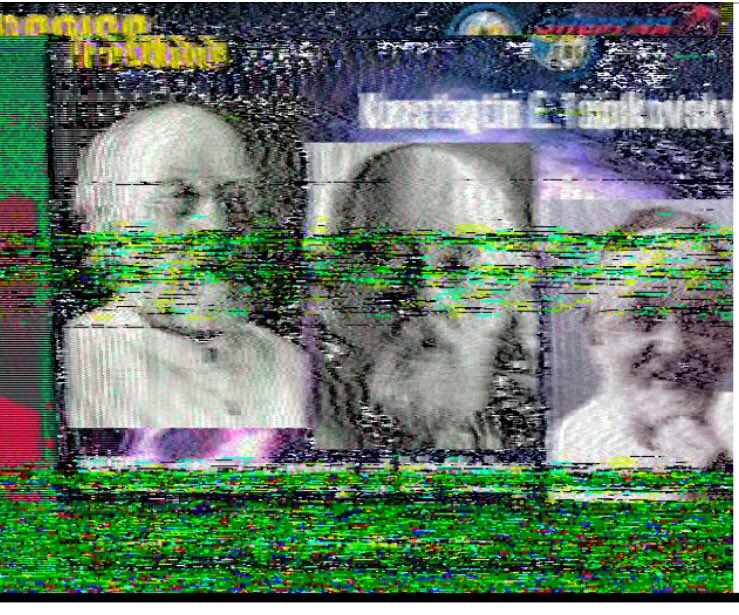 wdillon's tweet photo. Russian SSTV image from the #ISS pass at 13:40z.  Captured using my attic VHF antenna (as it's raining here, couldn't use my handheld Arrow).  Images are of Konstantine Tsoilkovsky. https://t.co/J9TXlRWZw8