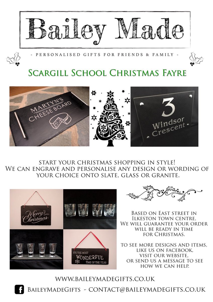 BaileyMadeGifts's tweet photo. This Friday we will be at @scargill_school #ChristmasFayre! We’ll be bringing along our range of slate, glass and granite gifts, so be sure to come and see us and find out how we can help with your Christmas shopping!! 🎅🏼🎄 https://t.co/gBroE8CUS2