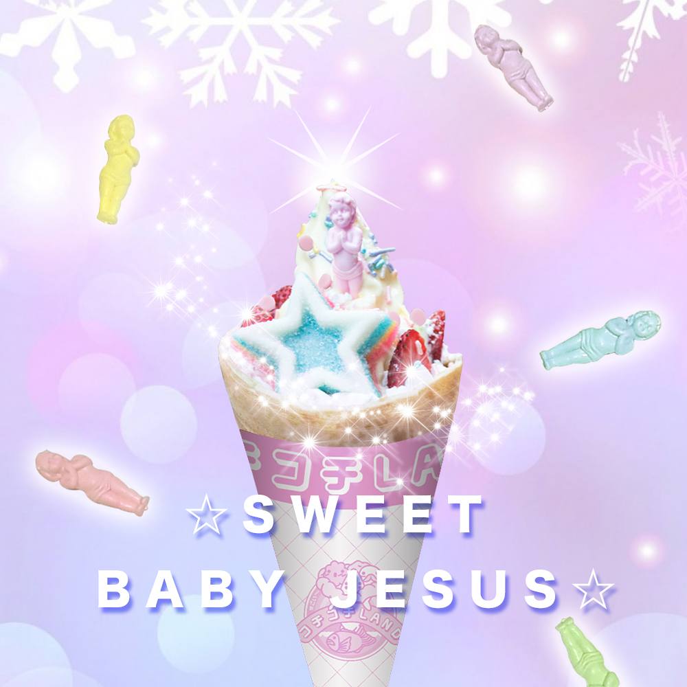 *･ﾟ✧★Sweet Baby Jesus Crepe★✧･ﾟ* メリークリスマス Rellena de fresas, crema pastelera y azúcar glass, acompañada de crema batida, helado de vainilla, granillos de chocolate rosa y coronada con una estrella multicolor y ¡un kawaii Baby Jesus! 🎅🌲💕 *Sólo en Zona Rosa