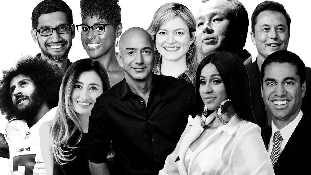 Recode's tweet image. From Jeff Bezos to Susan Fowler, Elon Musk to Katrina Lake, Colin Kaepernick to Donald Glover: Meet the #Recode100, the people who mattered this year in tech, business and media.
recode.net/2017/12/6/1666…