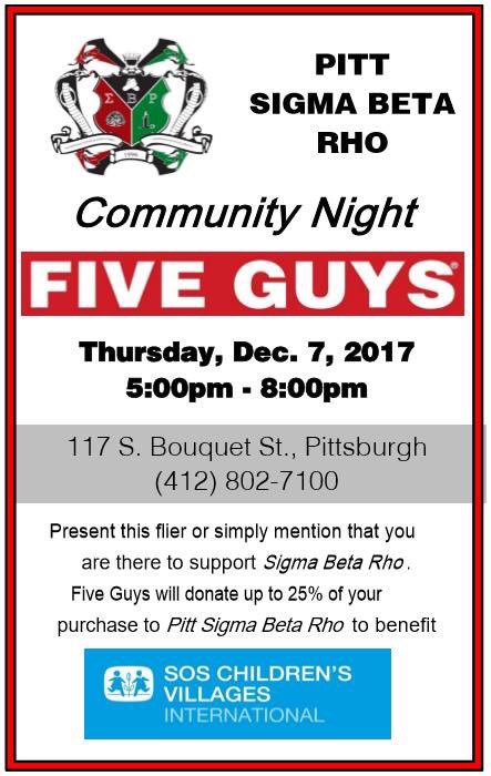 Come out to Five Guys TOMORROW NIGHT (12/7/17) from 5-8pm to help support our national philanthropy, SOS Children’s Villages!