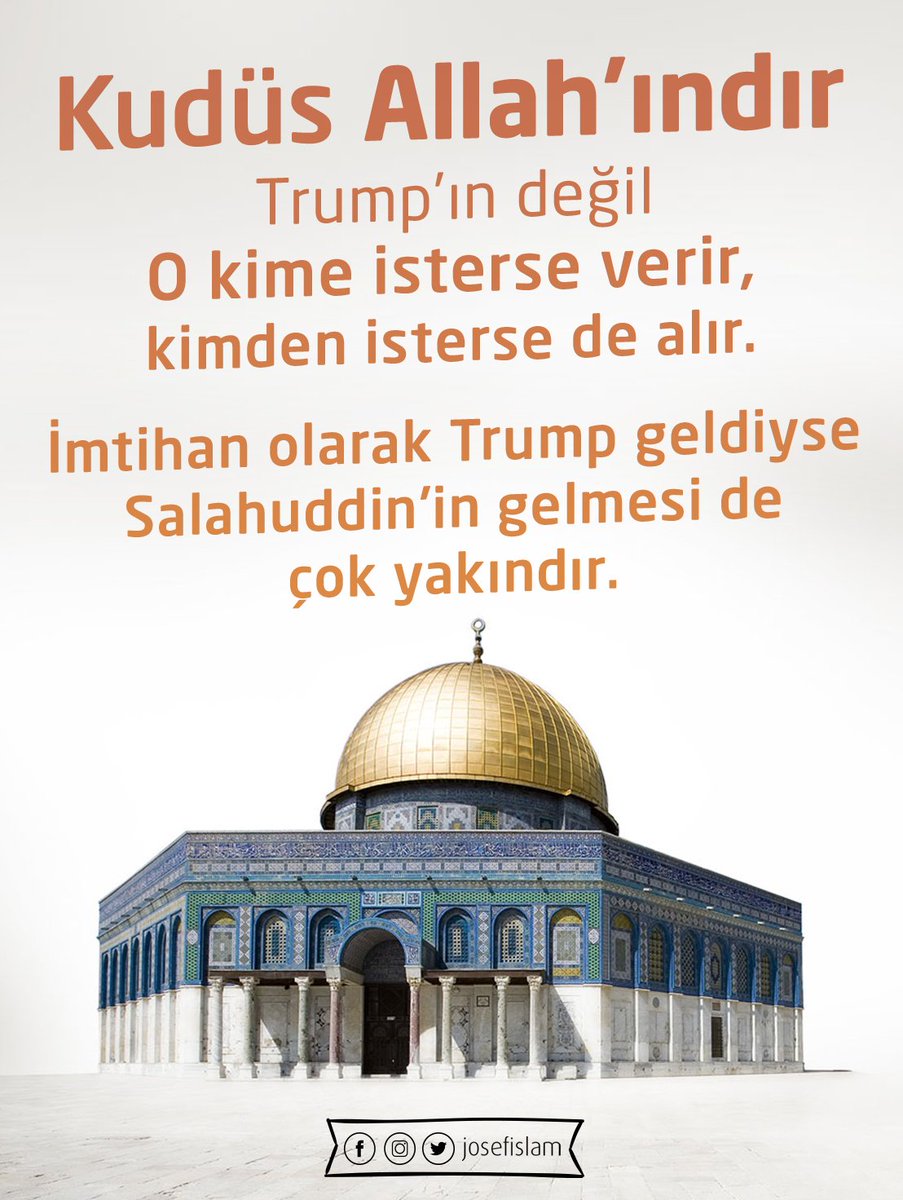 #Kudüs Allah’ındır. Trumpın değil.
O kime isterse verir, kimden isterse de alır. 
Imtihan olarak trump geldiyse. 
Salahuddin'in gelmesi de çok yakındır.
*
*
#kudüsislamındır 
#kuduskırmızıcizgimizdir 
#freekudus 
#freequds 
#kuduesbizimdir 
#mescidiAksa