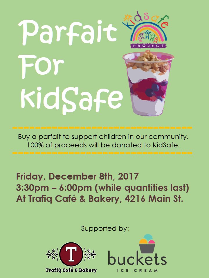 Parfait for KidSafe this Friday! @BucketsIceCream are teaming up with @TrafiqCafe in support of KidSafe. Head to Trafiq this Friday from 3.30 (4216 Main St) and get your parfait in support of local #children #YVRfundraising #yvrcommunity #kidsafe #icecream