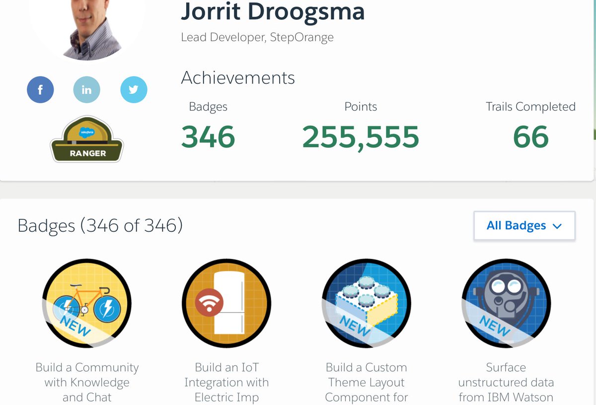 JorritDroogsma's tweet image. 346 @trailhead badges. All done now, woohoo! #SeizeTheTrail #NeverStopLearning, #TrailheadAddict #Salesforce #trailhead @SalesforceDevs #moarrrbadges
