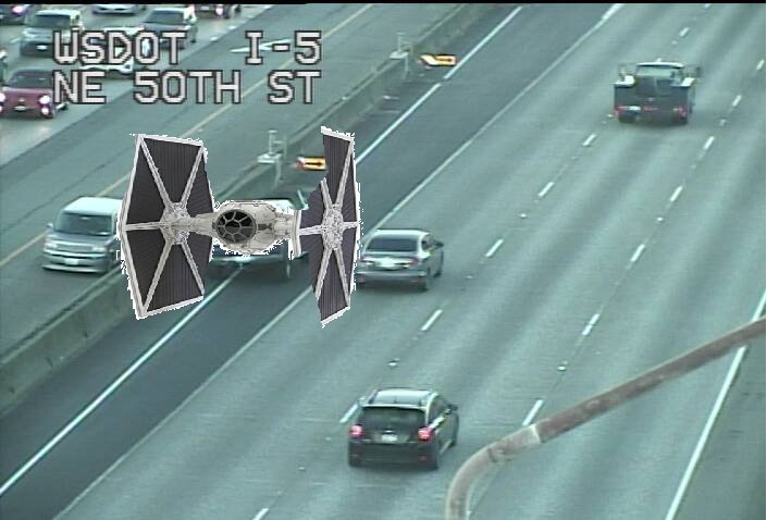 wsdot_traffic's tweet image. Stalled tie fighter partially blocking the left lane of the northbound I-5 on-ramp from Ravenna.