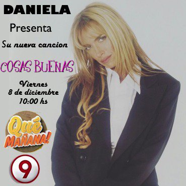 YIRAMUSICA's tweet image. VIERNES 8 DE DIECIEMBRE!! DE 10 A 12HS PRESENTAMOS EL NUEVO TEMA DE DANIELA EN EL PROGRAMA QUE MAÑANA ! DE CANAL9!!