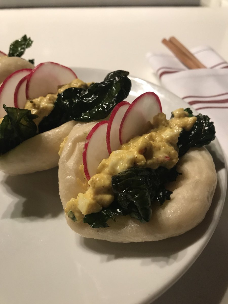 High Maintenance Egg Salad #BonesBuns on the menu tonight! Korean Egg Salad, Fried Bok Choy, Fresh Radish + Scallion.
