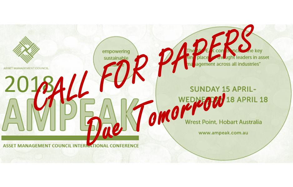 AMCouncil's tweet photo. HURRY! Last day for submissions of abstracts is tomorrow. This is a fabulous opportunity for anyone from #assetintensive industries & #academia to apply to present your #assetmanagement technical & #researchdevelopments at #AMPEAK18. Visit for futher info https://t.co/Zeh6ij8LO5 https://t.co/c33fXsZGKe