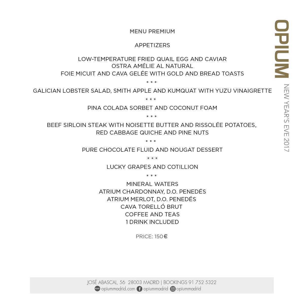 OPIUMMadridRest's tweet photo. Si todavía no tienes plan para cenar esta Nochevieja, en @OPIUMMadridRest te ofrecemos una carta exquisita con la que podrás disfrutar de una cena de altura.

Si tienes dudas, ¡no dudes en conctactarnos!

#OpiumNochevieja2017 https://t.co/vzhUfCNJLY