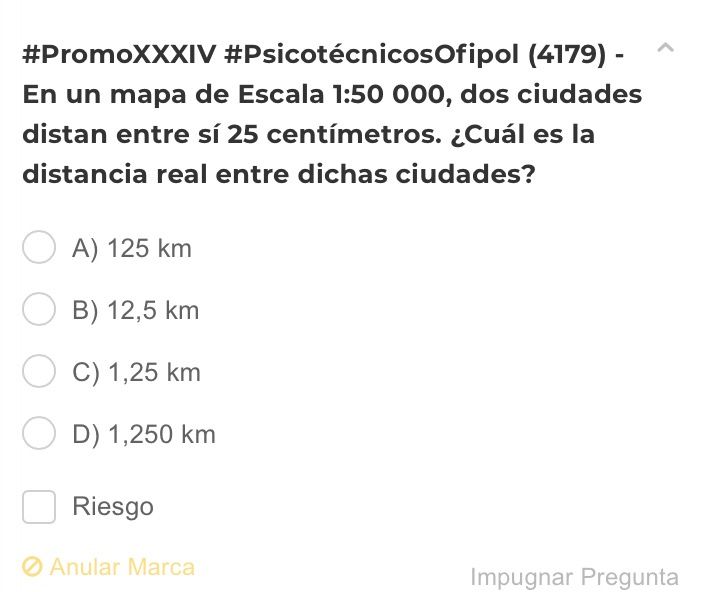OfipolESP's tweet photo. #PromoXXXIV #PsicotécnicosOfipol (4179) - En un mapa de Escala 1:50 000, dos ciudades distan entre sí 25 centímetros. ¿Cuál es la distancia real entre dichas ciudades? https://t.co/rGjKoBbqbB