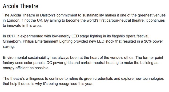 We're delighted to have been nominated this morning for <a href="/TheStage/">The Stage</a>'s Sustainability Award at #TheStageAwards 2018. 💚

Climate change is the challenge of our time. We will, and must all, do more to tackle it.

arcolatheatre.com/green/