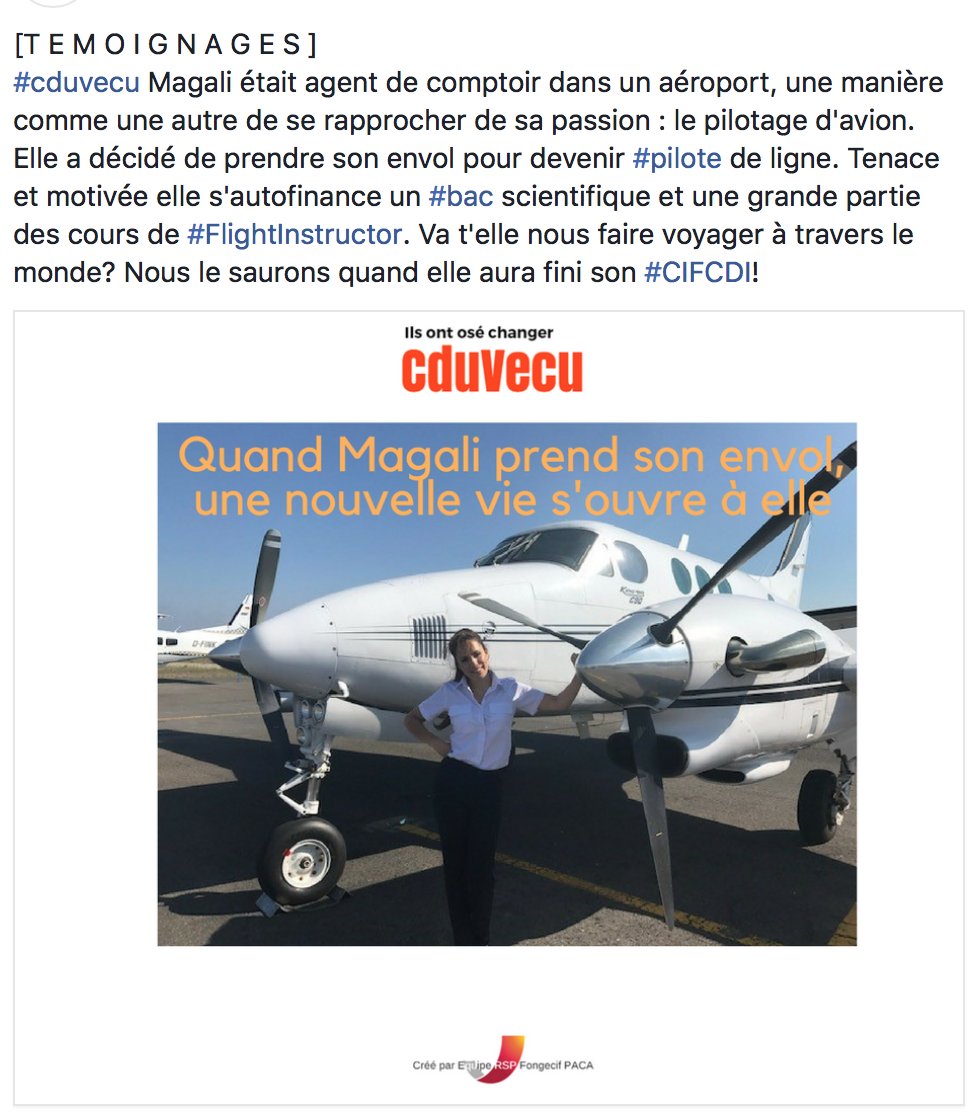TransitionsPaca's tweet photo. Magali était agent de comptoir dans un aéroport … elle a décidé de prendre son envol pour devenir #pilote de ligne grâce au #CIFCDI, aux côtés du #Fongecif PACA
#temoignage #cduvevu #CEP https://t.co/Dl23S4ylm3