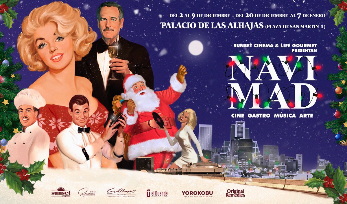 Sunset_Cinema's tweet photo. Estas fiestas regala #cine con 🎬🎁NAVIMAD: la magia del cine y de la Navidad juntas en un Palacio.
El mayor evento cinematográfico para estas fechas tan especiales: 
★ Brunch, Gastro, Fiestas y, por supuesto, Cine ¿acaso existe mejor #plan? ★ #Madrid https://t.co/2xtAr9G2JF https://t.co/duxAegXGgT