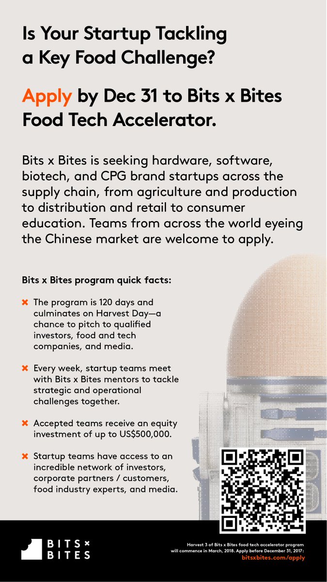 If you're a #foodtech #startup looking to tap into the Chinese market, apply by  December 31 to Bits x Bites Harvest 3. #indoorfarming #agtech #FoodInnovation #futurefood #foodstartups