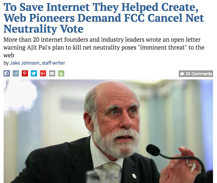 Engineers: "#NetNeutrality is core to the fundamental architecture of the Internet." All American business will suffer from <a href="/FCC/">FCC</a> Chair Ajit Pai's reckless hubris... he probably would have argued w/Einstein, Edison, Curie, Tesla, Carver in their day. commondreams.org/news/2017/12/1…