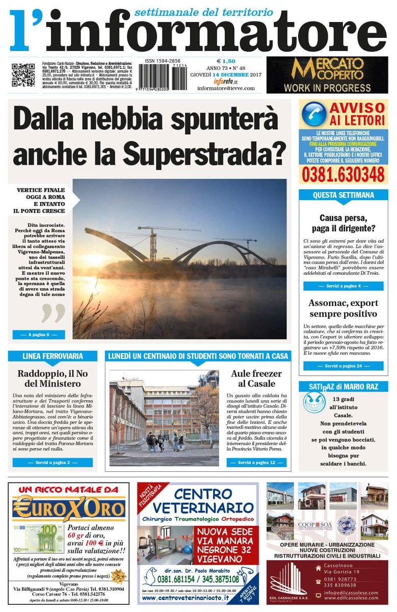 Informatore_it's tweet photo. Ecco la #PrimaPagina dell'Informatore in #edicola oggi, giovedì 14 dicembre 2017. Aggiornamenti e #versionedigitale su https://t.co/14wbxwJe0c - abbonamento "all digital" o "family": https://t.co/VVzoewPm52 https://t.co/vftq0hXEPo