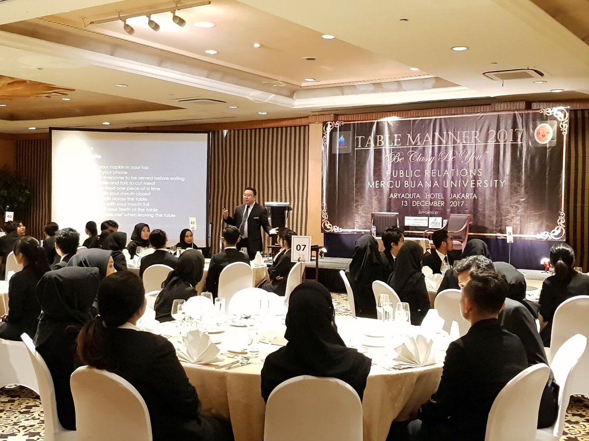 Learning by doing a Table Manner Course "Be Classy Be You" with Public Relation Mercu Buana University <a href="/univmercubuana/">Universitas Mercu Buana</a> at our Mezzanine Room
.
Look how confident and well-mannered our Executive Assistant Manager as a host during the course.
#aryadutajakarta #tablemanners
