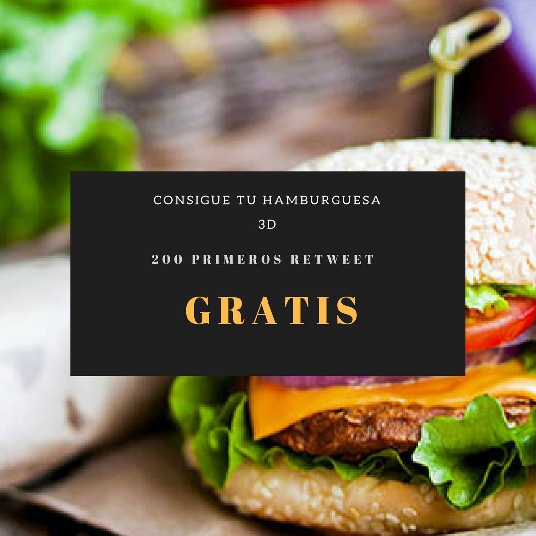 3Dfoodtruck's tweet photo. 🔴ATENCIÓN🔴 Cómete la primera hamburguesa impresa en #3D de tu vida y #GRATIS ¿cómo? Muy fácil:
✅ Haz RT a este comentario
✅ Dale a Like
Sólo por eso te invitaremos a una #hamburguesa3D en #3DFoodTruck el próximo 20 de diciembre
PD: ¡Si vienes con amigos también habrá premio! https://t.co/ZUZIU47PyU