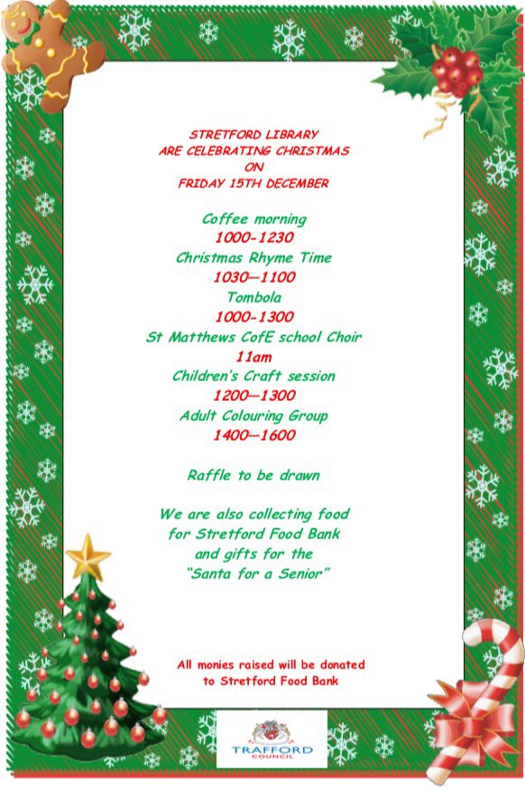 TraffLibraries's tweet photo. We're celebrating Christmas all day tomorrow at Stretford Library! The festivities start at 10am with Christmas Rhyme Time and coffee morning. Pop in and say hello! 🎄🎅🏻 https://t.co/l96mfOZ0vg