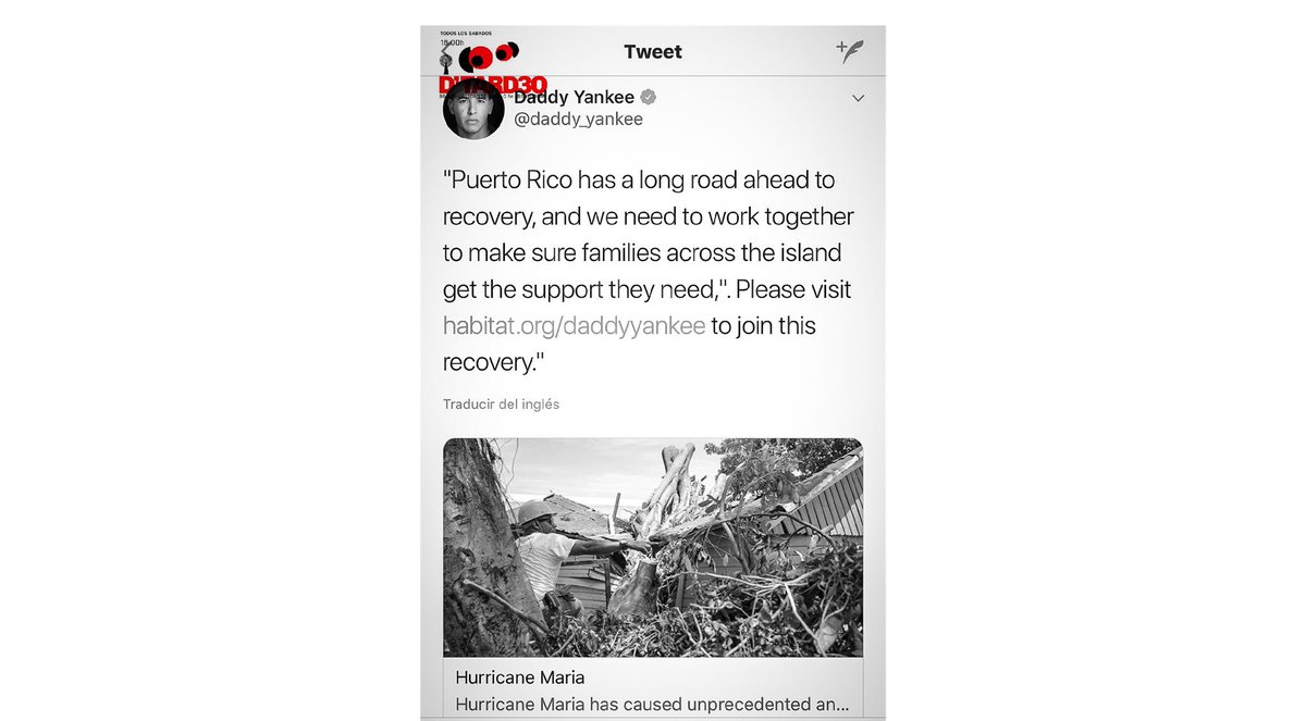 DTARD3O's tweet photo. ⚪️🔴⚫️ @daddy_yankee #DaddyYankee "Puerto Rico tiene un largo camino por delante para la recuperación, y tenemos que trabajar juntos para garantizar que las familias de toda la isla reciban el apoyo que necesitan".  https://t.co/ZdJC6ZT2Ih para unirse a esta recuperación https://t.co/yQUPdAOhcz