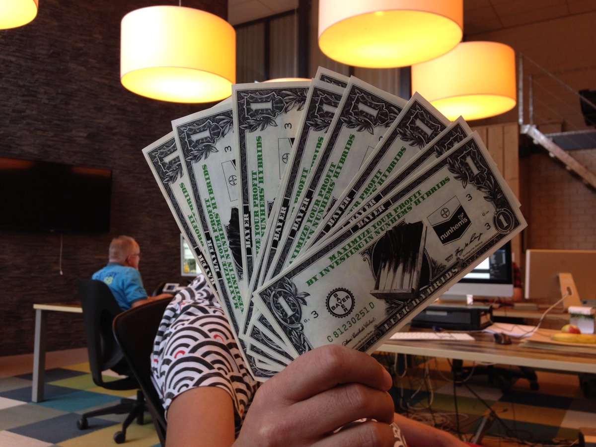 Bayer had onlangs demovelden opgezet, waar telers Nunhems-preirassen konden bekijken. Ze wilden hun slogan ‘Maximize your profit by investing in Nunhems’ Hybrids’ kracht bijzetten met een gimmick: daarom maakten wij deze symbolische ‘preidollars’ als teken van winstoptimalisatie.