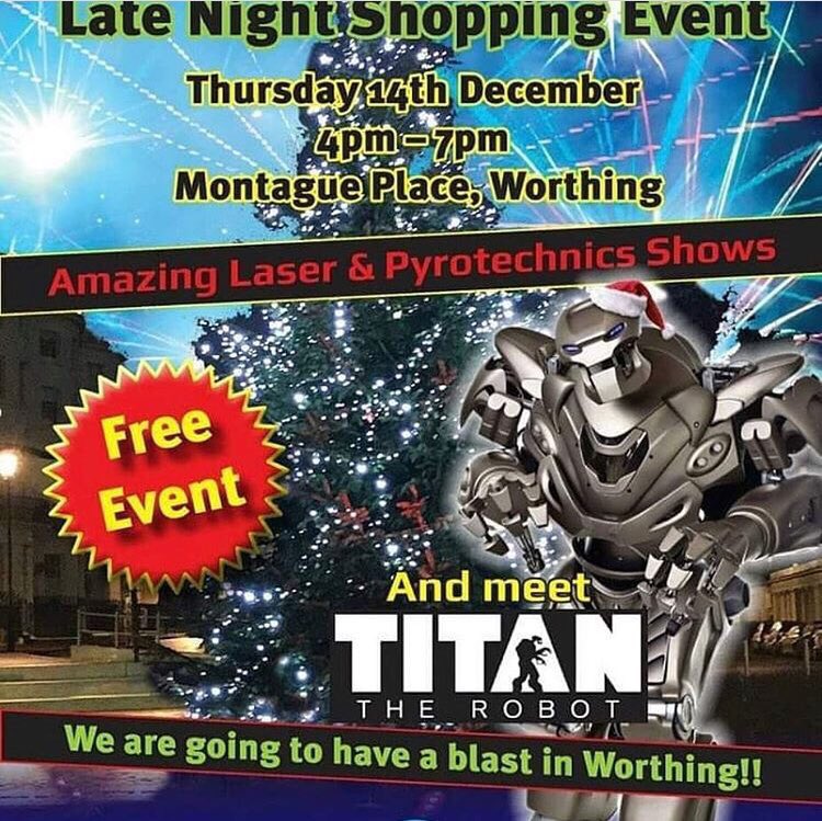 FatGreekTav's tweet photo. Worthing will be holding a free Laser and Pyrotechnic Extravaganza. 
With shows throughout the eventing and a very special appearance from the amazing Titan the Robot it will be a great night to be in Worthing for late night shopping. 4pm to 7pm. We’ll see you there... https://t.co/rBMev3OUXs