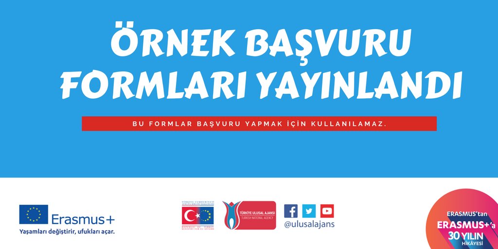 Avrupa Komisyonu 2018 yılı başvurularına ilişkin ÖRNEK başvuru formlarını yayınladı. Bu formlar başvuru yapmak için kullanılamaz ancak örnek teşkil etmesi ve proje hazırlığınıza destek olması açısından önem taşımaktadır: ec.europa.eu/programmes/era…