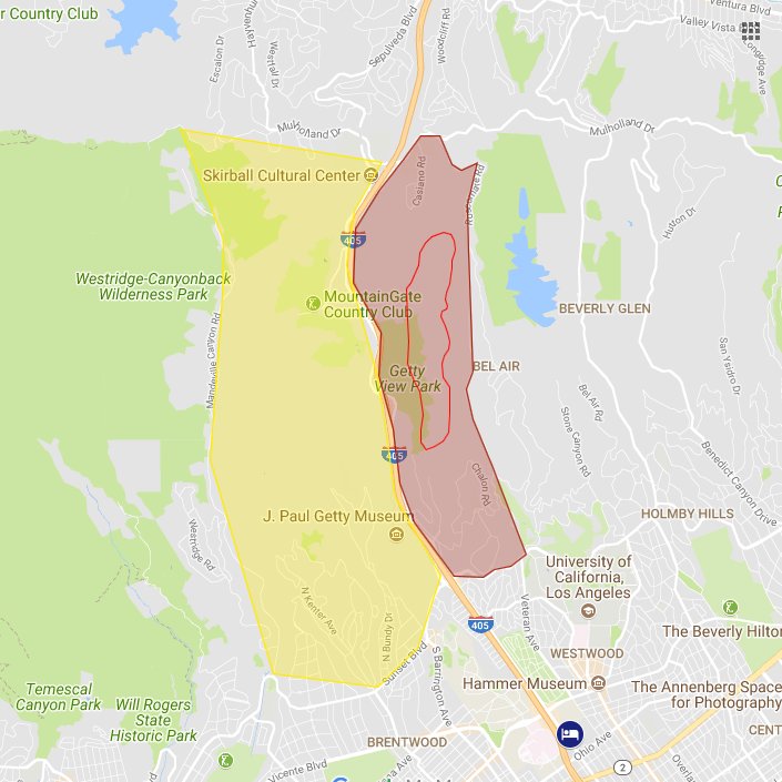 simondonner's tweet photo. The current evacuation map for #SkirballFire  in Bel Air, via Google Maps. See here: https://t.co/MqboMwJrGq https://t.co/ZLuYfLv7Q6