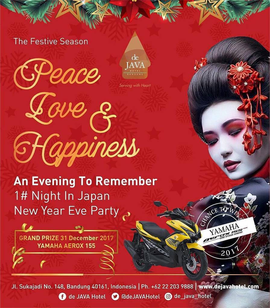 Instagram @galeriukmindonesia > Peace,Love and Happines
.
🎉🎊Enjoy some family time with some great value at de JAVA Hotel Bandung. Get special moment One Night In Japan and chance to win Yamaha Aerox 155 on Sunday 31st December 2017. For more info 022 2039888 and also follow…