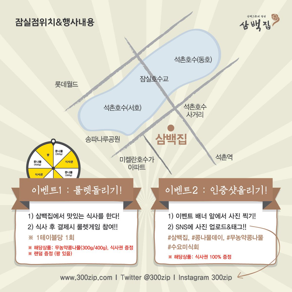 300zip's tweet image. 삼백집 콩나물데이 이벤트!(잠실점)
삼백집이 콩나물데이를 맞아 푸짐한 이벤트를 준비했어요~^^오셔서 콩나물과 식사권도 받아가시구 푸짐한 하루되세요~💕