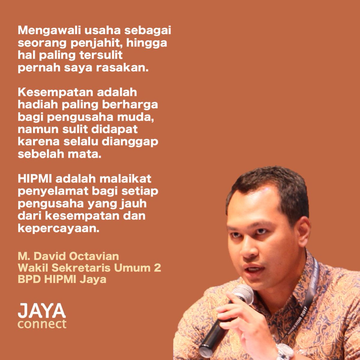 hipmijaya's tweet photo. Kesempatan &amp; kepercayaan.

M. David Octavian
General Relation &amp; Sales
PT. Bukaka Teknik Utama
(Bukaka Precast - New Generation)

#HipmiJaya #JayaConnect https://t.co/qskHbOF2OH